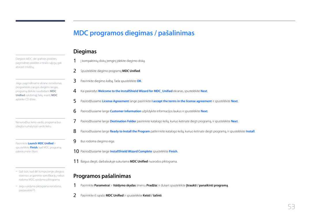 Samsung LH46UDCPLBB/EN manual MDC programos diegimas / pašalinimas, Programos pašalinimas 