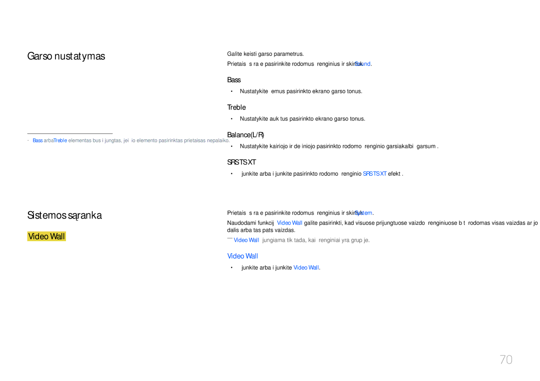 Samsung LH46UDCPLBB/EN manual Garso nustatymas, Sistemos sąranka, Nustatykite žemus pasirinkto ekrano garso tonus 