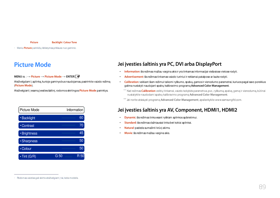 Samsung LH46UDCPLBB/EN manual Ekrano reguliavimas, Picture Mode, Jei įvesties šaltinis yra PC, DVI arba DisplayPort 