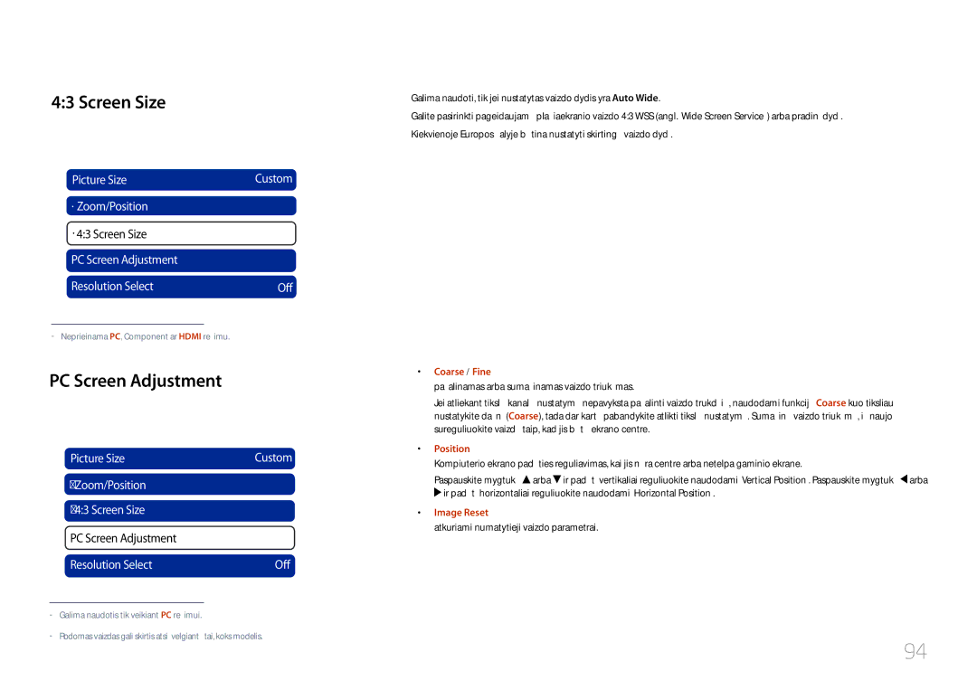 Samsung LH46UDCPLBB/EN manual Screen Size, PC Screen Adjustment, Coarse / Fine, Position, Image Reset 