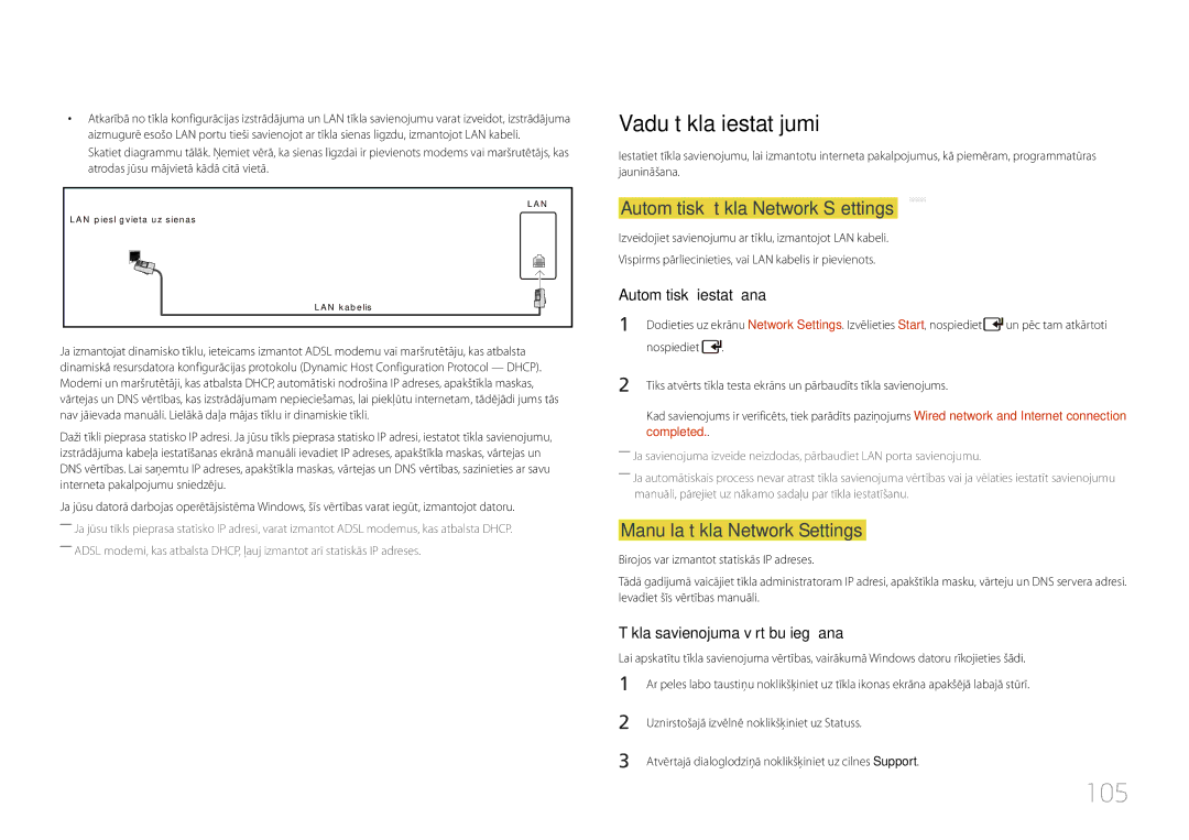 Samsung LH46UDCPLBB/EN 105, Vadu tīkla iestatījumi, Automātiskā tīkla Network Settings, Manuāla tīkla Network Settings 