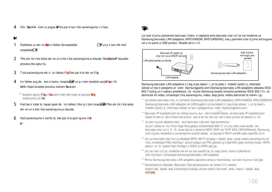 Samsung LH46UDCPLBB/EN manual 106, Savienojuma izveide ar bezvadu tīklu, Un pēc tam atkārtoti, Nospiediet 