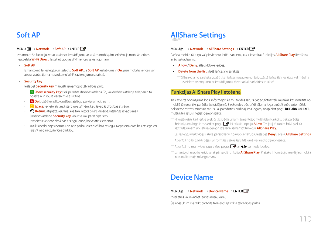 Samsung LH46UDCPLBB/EN manual Soft AP, AllShare Settings, Device Name, 110, Funkcijas AllShare Play lietošana 