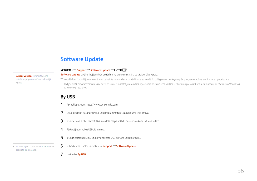 Samsung LH46UDCPLBB/EN manual Atbalsts, 136, By USB, Menu m Support Software Update Enter 