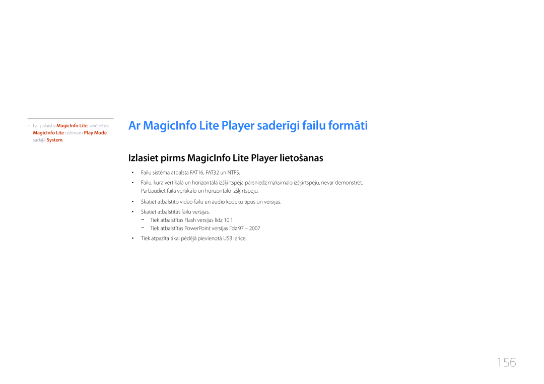 Samsung LH46UDCPLBB/EN manual 156, Izlasiet pirms MagicInfo Lite Player lietošanas 