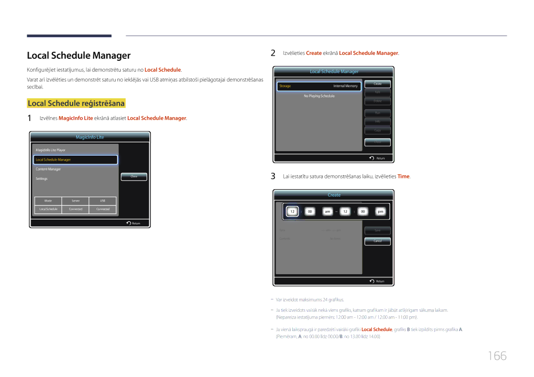 Samsung LH46UDCPLBB/EN manual 166, Local Schedule Manager, Local Schedule reģistrēšana 