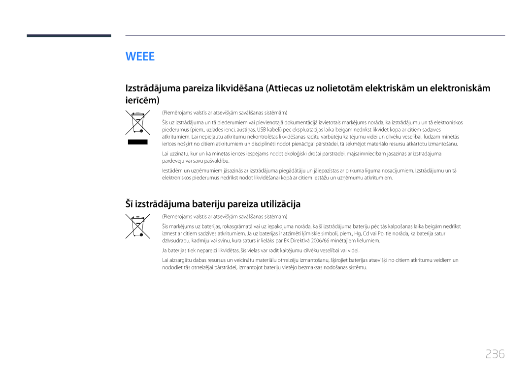 Samsung LH46UDCPLBB/EN manual 236, Šī izstrādājuma bateriju pareiza utilizācija 