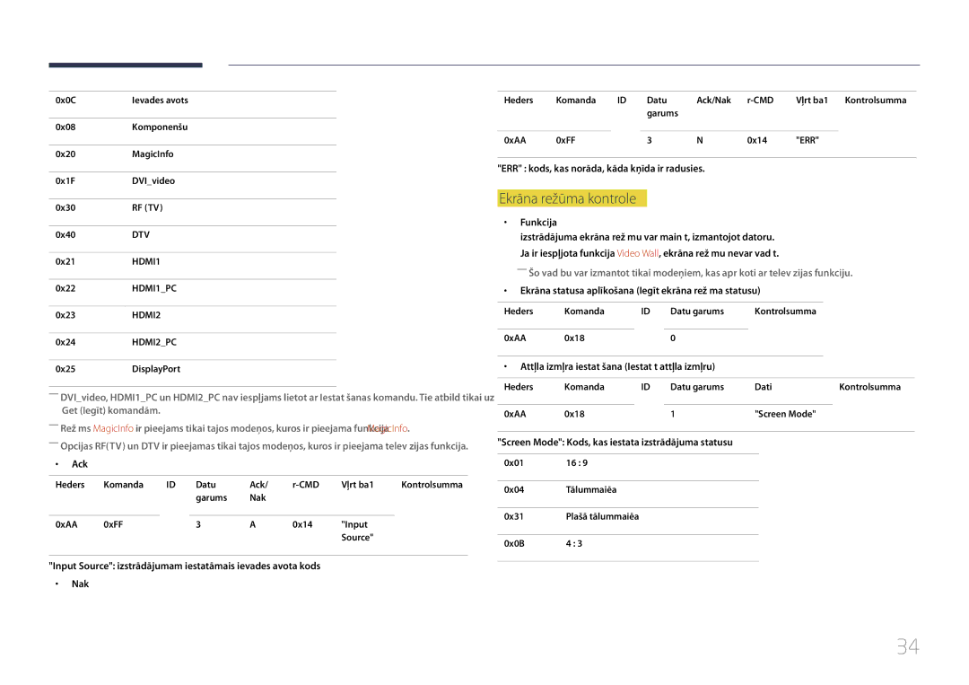 Samsung LH46UDCPLBB/EN manual Ekrāna režīma kontrole, Ekrāna statusa aplūkošana Iegūt ekrāna režīma statusu 