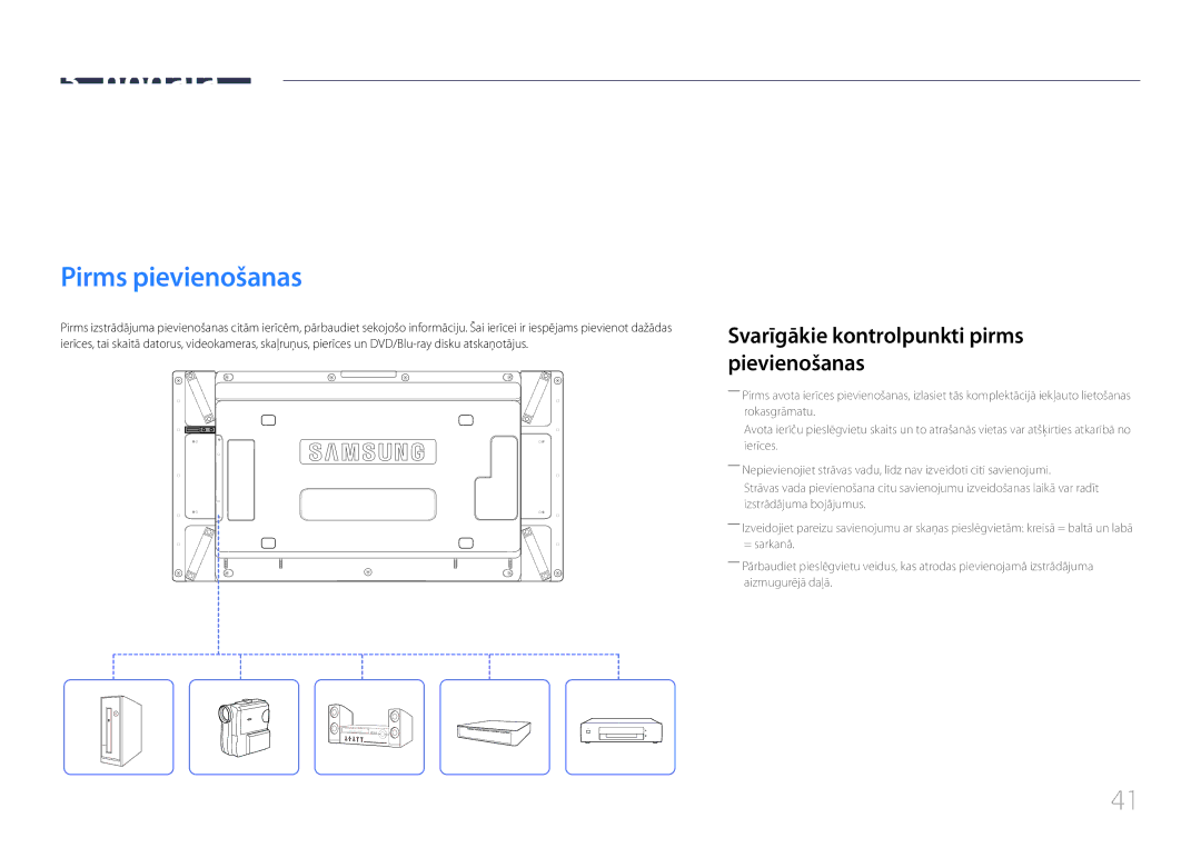 Samsung LH46UDCPLBB/EN manual Avota ierīces pievienošana un izmantošana, Pirms pievienošanas 