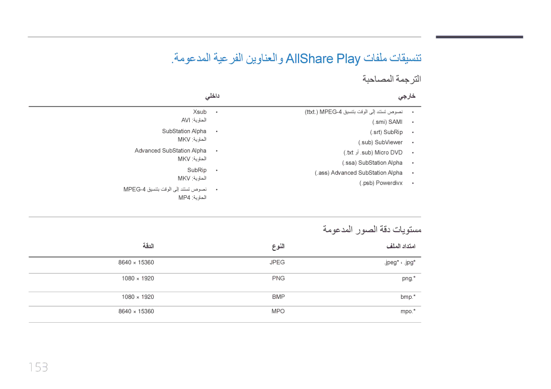 Samsung LH46UDCPLBB/NG, LH46UDCPLBB/UE manual ةموعدملا ةيعرفلا نيوانعلاو AllShare Play تافلم تاقيسنت, 153, ةبحاصملا ةمجرتلا 