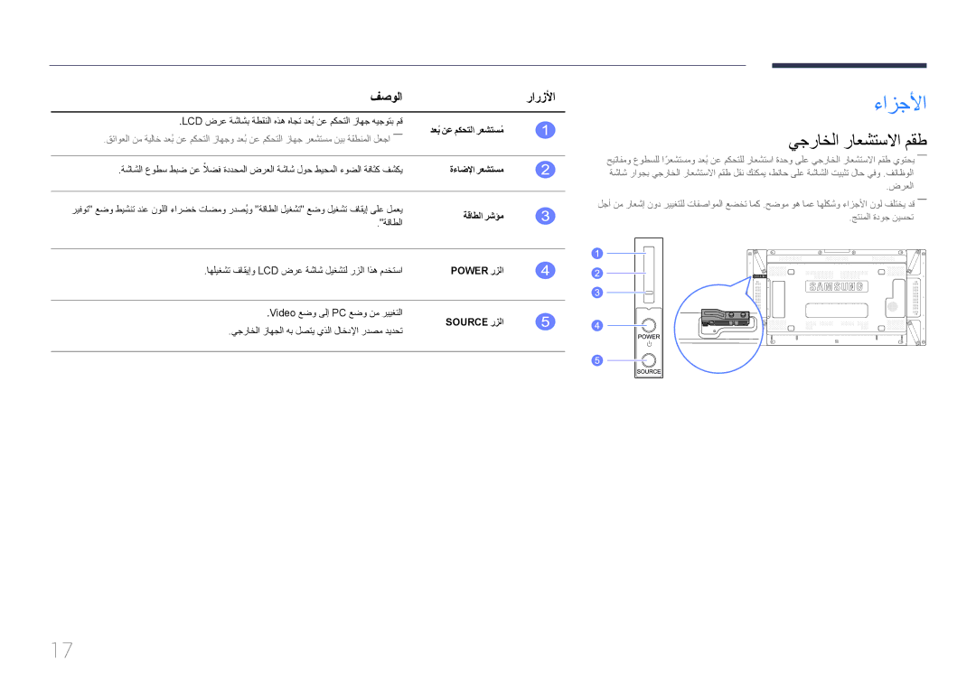 Samsung LH55UDCPLBB/NG, LH46UDCPLBB/NG, LH46UDCPLBB/UE manual ءازجلأا, يجراخلا راعشتسلاا مقط, فصولا رارزلأا 