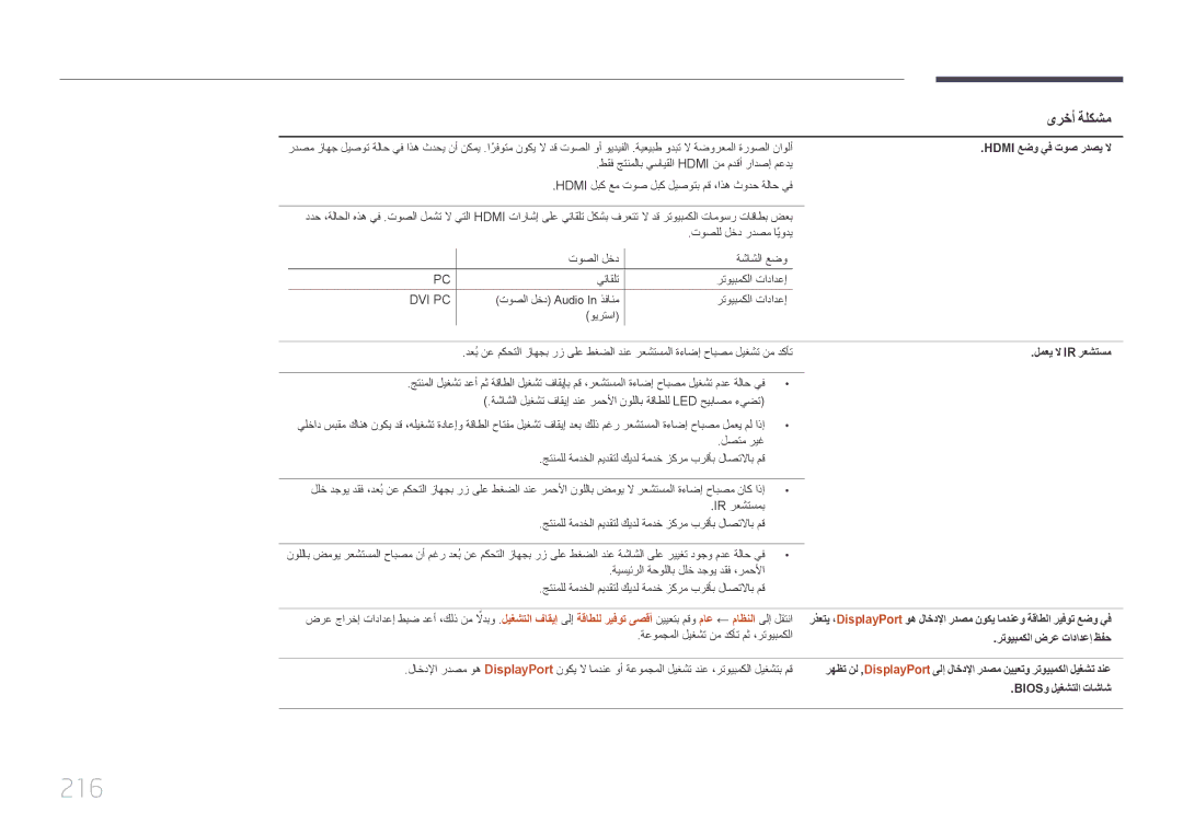 Samsung LH46UDCPLBB/NG 216, Hdmi عضو يف توص ردصي لا, لمعي لا Ir رعشتسم, رتويبمكلا ضرع تادادعإ ظفح, Biosو ليغشتلا تاشاش 