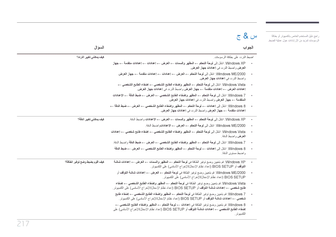 Samsung LH46UDCPLBB/UE, LH46UDCPLBB/NG manual 217, لاؤسلا باوجلا, ؟ددرتلا رييغت يننكمي فيك, ؟ةقاطلا ريفوت عضو طبضب موقأ فيك 