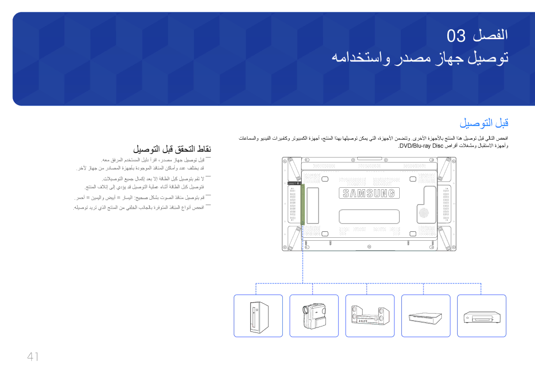 Samsung LH55UDCPLBB/NG, LH46UDCPLBB/NG, LH46UDCPLBB/UE manual همادختساو ردصم زاهج ليصوت, ليصوتلا لبق ققحتلا طاقن 