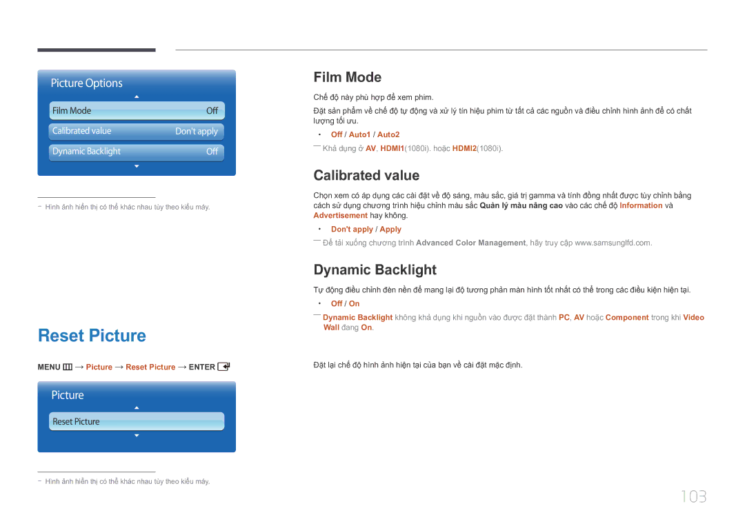 Samsung LH55UDCPLBB/XY, LH46UDCPLBB/XY manual Reset Picture, 103, Film Mode, Calibrated value, Dynamic Backlight 