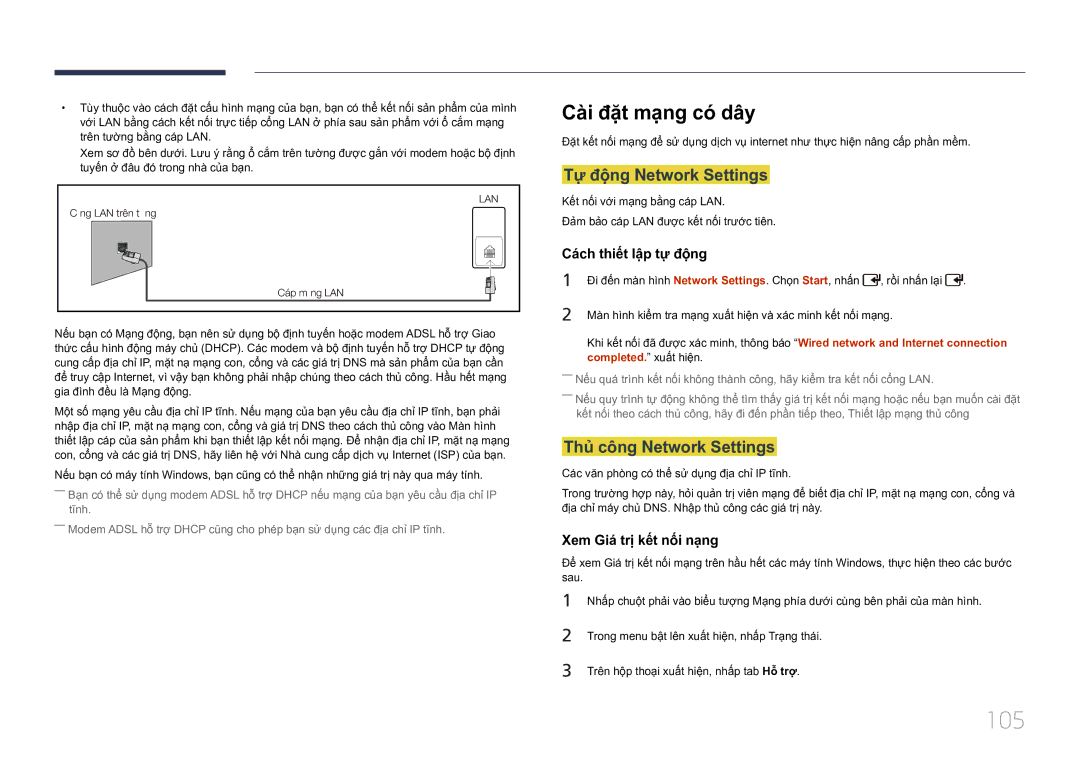 Samsung LH55UDCPLBB/XY, LH46UDCPLBB/XY 105, Cài đặt mạng co dây, Tự động Network Settings, Thủ công Network Settings 