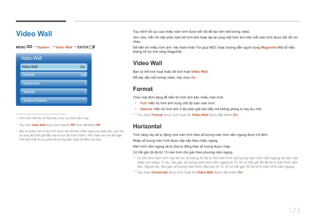 Samsung LH55UDCPLBB/XY, LH46UDCPLBB/XY manual Video Wall, 123, Format, Horizontal 