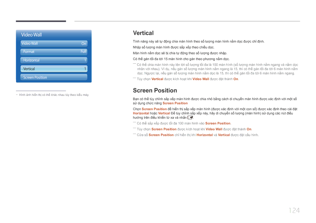 Samsung LH46UDCPLBB/XY, LH55UDCPLBB/XY manual 124, Vertical, Screen Position 