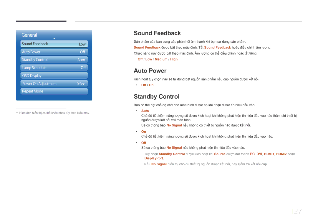 Samsung LH55UDCPLBB/XY, LH46UDCPLBB/XY manual 127, Sound Feedback, Auto Power, Standby Control 