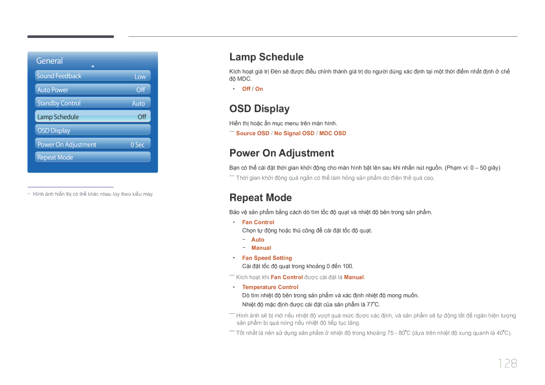 Samsung LH46UDCPLBB/XY, LH55UDCPLBB/XY manual 128, Lamp Schedule, OSD Display, Power On Adjustment, Repeat Mode 