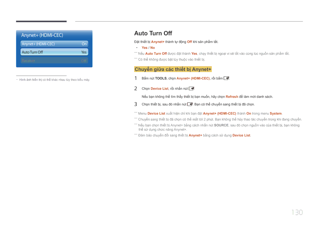 Samsung LH46UDCPLBB/XY, LH55UDCPLBB/XY manual 130, Auto Turn Off, Chuyển giữa các thiết bi Anynet+, Yes / No 
