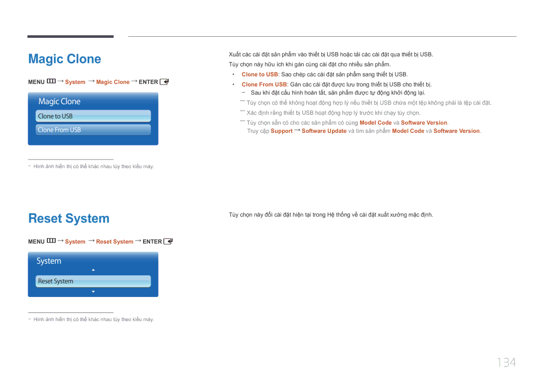 Samsung LH46UDCPLBB/XY, LH55UDCPLBB/XY manual 134, Menu m System Magic Clone Enter, Menu m System Reset System Enter 