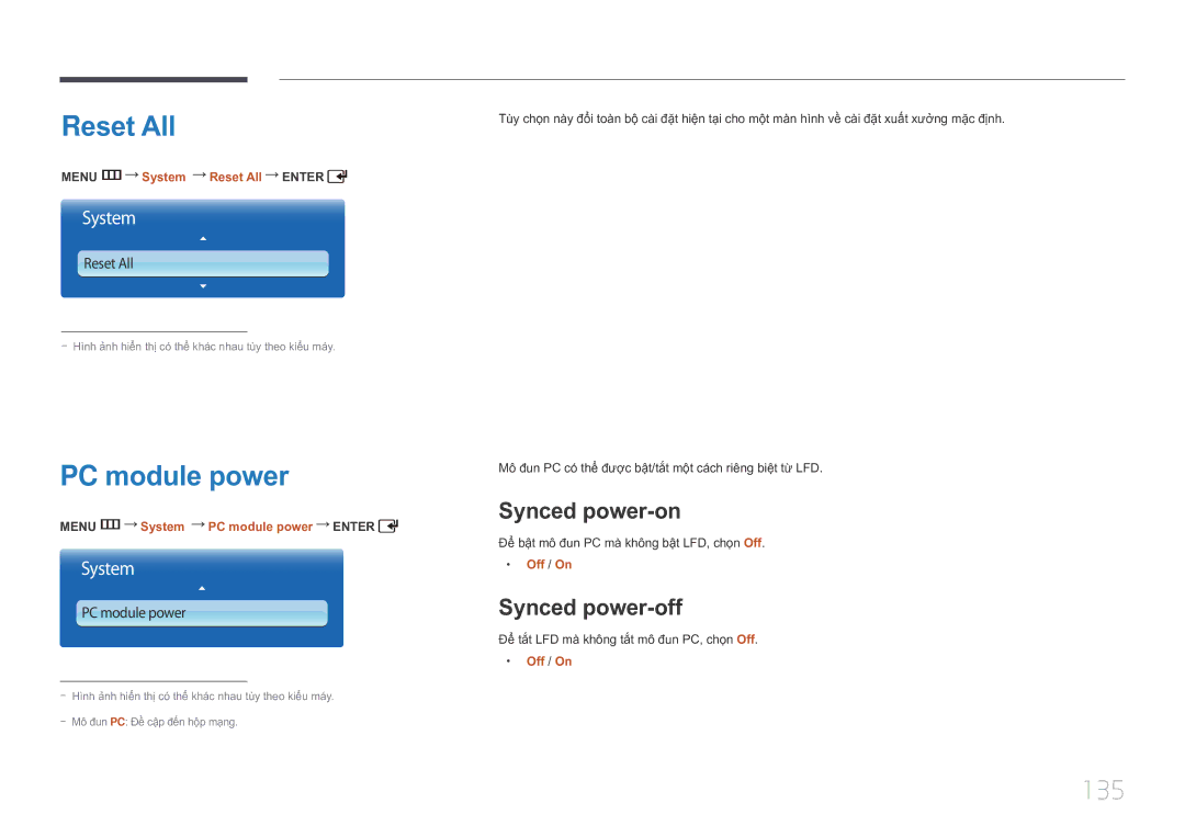 Samsung LH55UDCPLBB/XY, LH46UDCPLBB/XY manual Reset All, PC module power, 135, Synced power-on, Synced power-off 