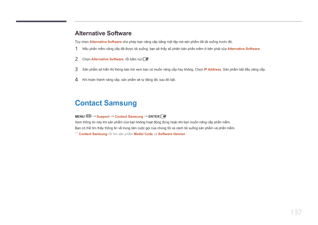 Samsung LH55UDCPLBB/XY, LH46UDCPLBB/XY manual 137, Alternative Software, Menu m Support Contact Samsung Enter 