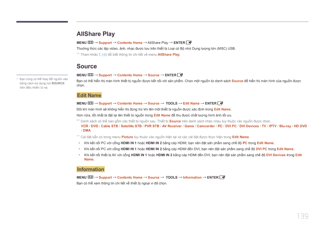 Samsung LH55UDCPLBB/XY, LH46UDCPLBB/XY manual 139, AllShare Play, Edit Name, Information 