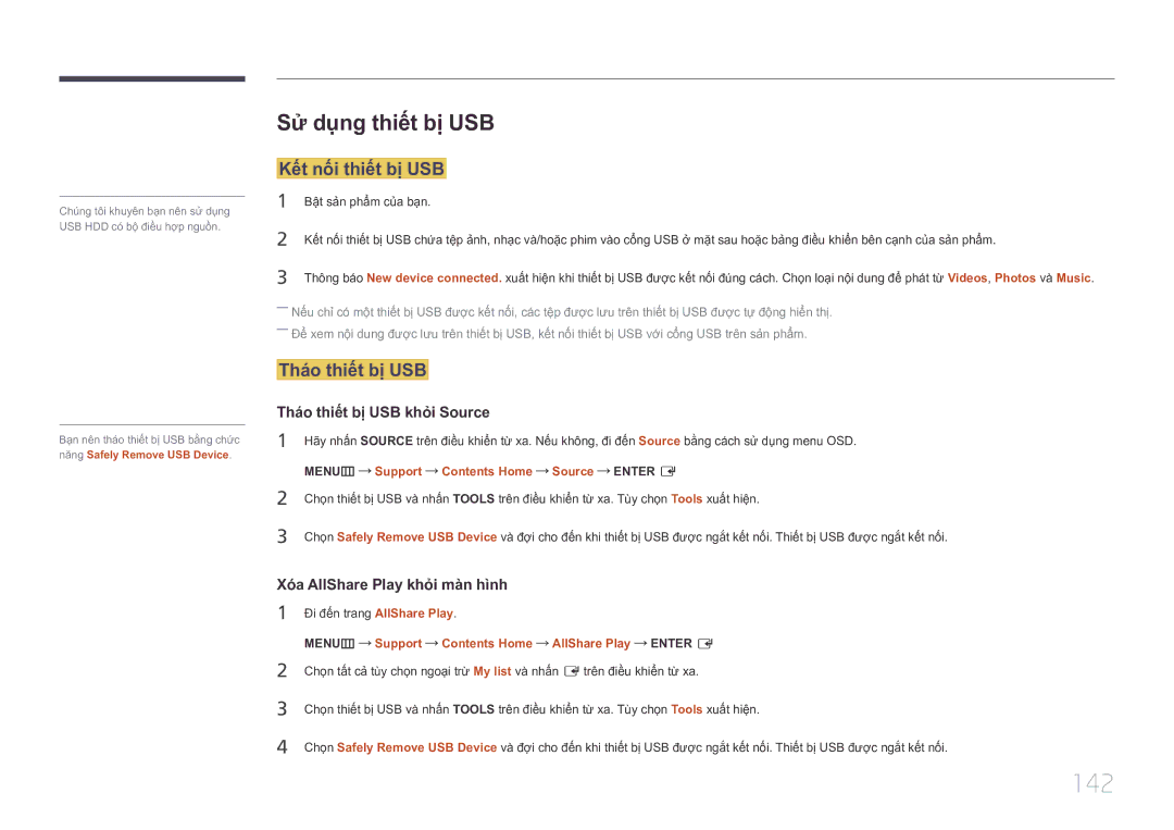 Samsung LH46UDCPLBB/XY, LH55UDCPLBB/XY manual 142, Sử dụng thiết bi USB, Kết nôi thiết bi USB, Tháo thiết bi USB 
