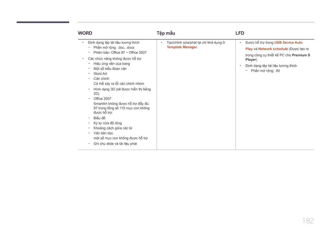 Samsung LH46UDCPLBB/XY, LH55UDCPLBB/XY manual 182, Tệp mâu, Play và Network schedule Được tạo ra 