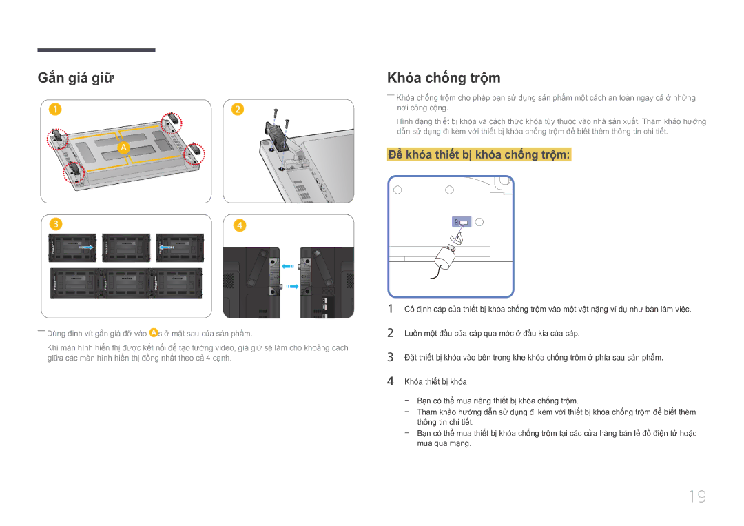 Samsung LH55UDCPLBB/XY, LH46UDCPLBB/XY manual Gắn giá́ giữ̃, Khóa chống trộ̣m, Để̉ khóa thiế́t bị khóa chống trộ̣m 