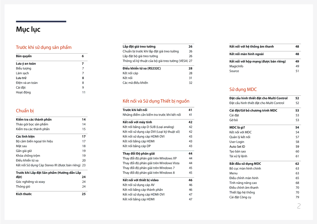 Samsung LH46UDCPLBB/XY, LH55UDCPLBB/XY manual Mục lục 