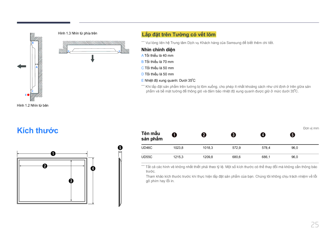 Samsung LH55UDCPLBB/XY manual Kích thước, Lắp đặ̣t trên Tường có vế́t lõm, Nhì̀n chí́nh diệ̣n, Tên mâu Sản phẩm 