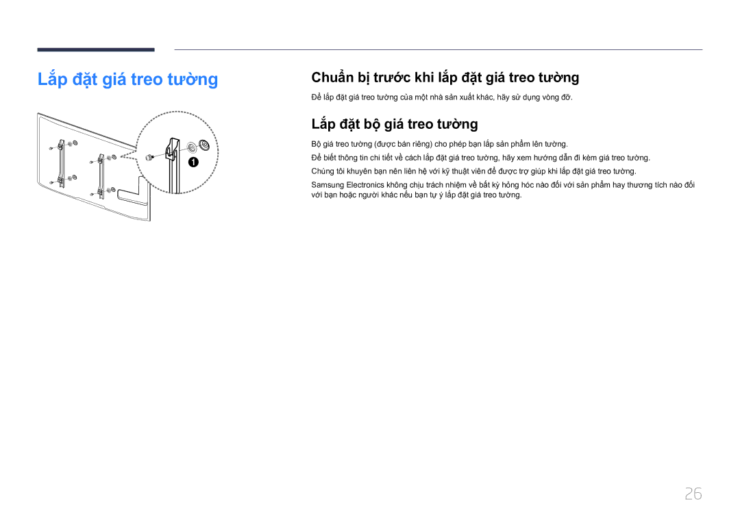 Samsung LH46UDCPLBB/XY, LH55UDCPLBB/XY manual Lăp đặt giá treo tương, Chuẩn bi trước khi lăp đặt giá treo tương 