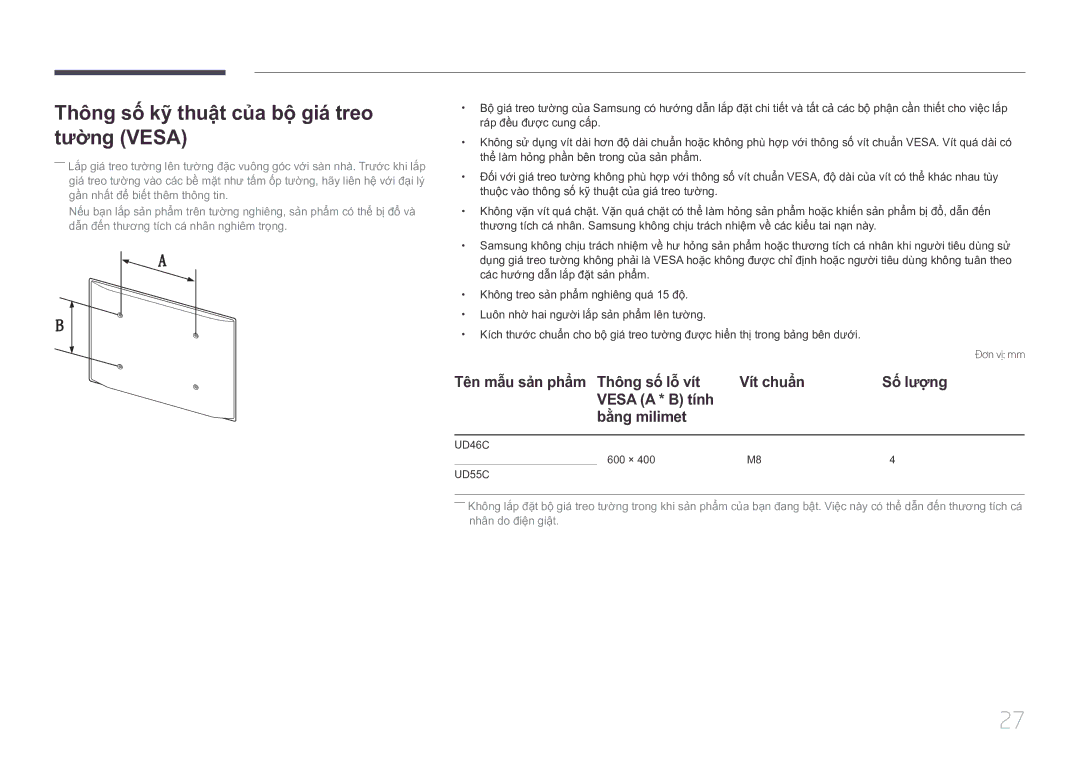 Samsung LH55UDCPLBB/XY, LH46UDCPLBB/XY manual Thông sô kỹ thuật của bộ giá treo tương Vesa 