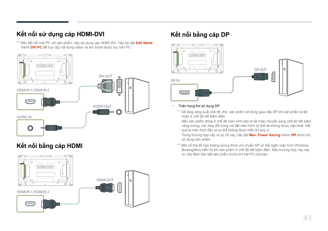 Samsung LH55UDCPLBB/XY, LH46UDCPLBB/XY Kế́t nối sử̉ dụ̣ng cá́p HDMI-DVI, Kết nôi bằng cáp Hdmi, Kết nôi bằng cáp DP 