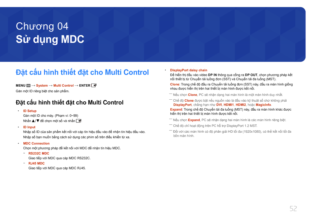 Samsung LH46UDCPLBB/XY, LH55UDCPLBB/XY manual Đặt cấu hình thiết đặt cho Multi Control 