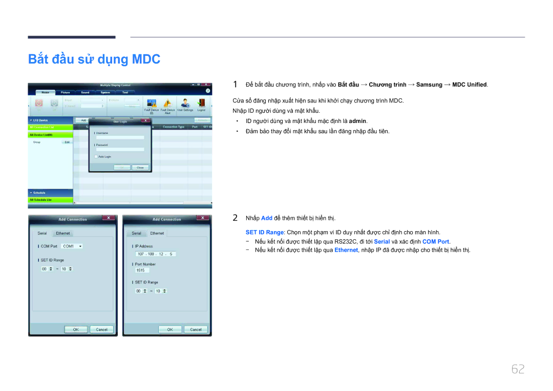 Samsung LH46UDCPLBB/XY, LH55UDCPLBB/XY manual Băt đâu sử dụng MDC 