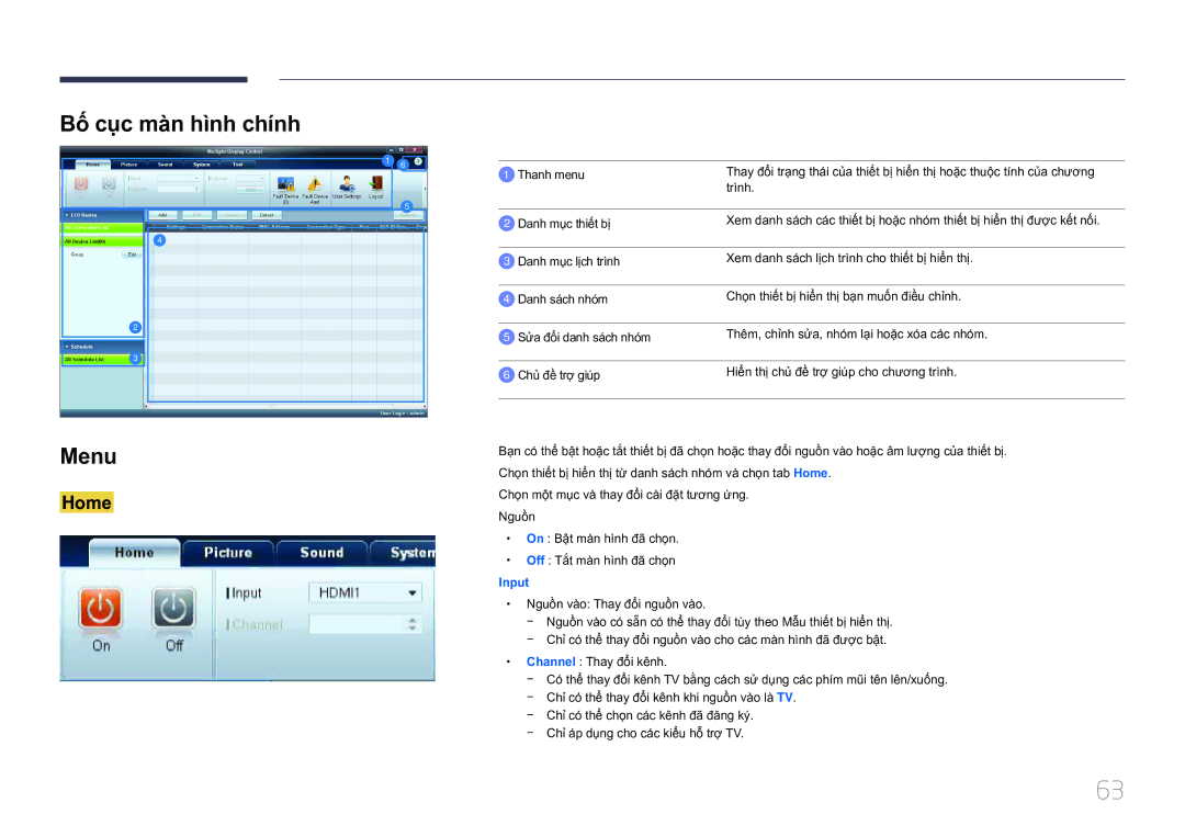 Samsung LH55UDCPLBB/XY, LH46UDCPLBB/XY manual Bô cục màn hình chính Menu, Home 