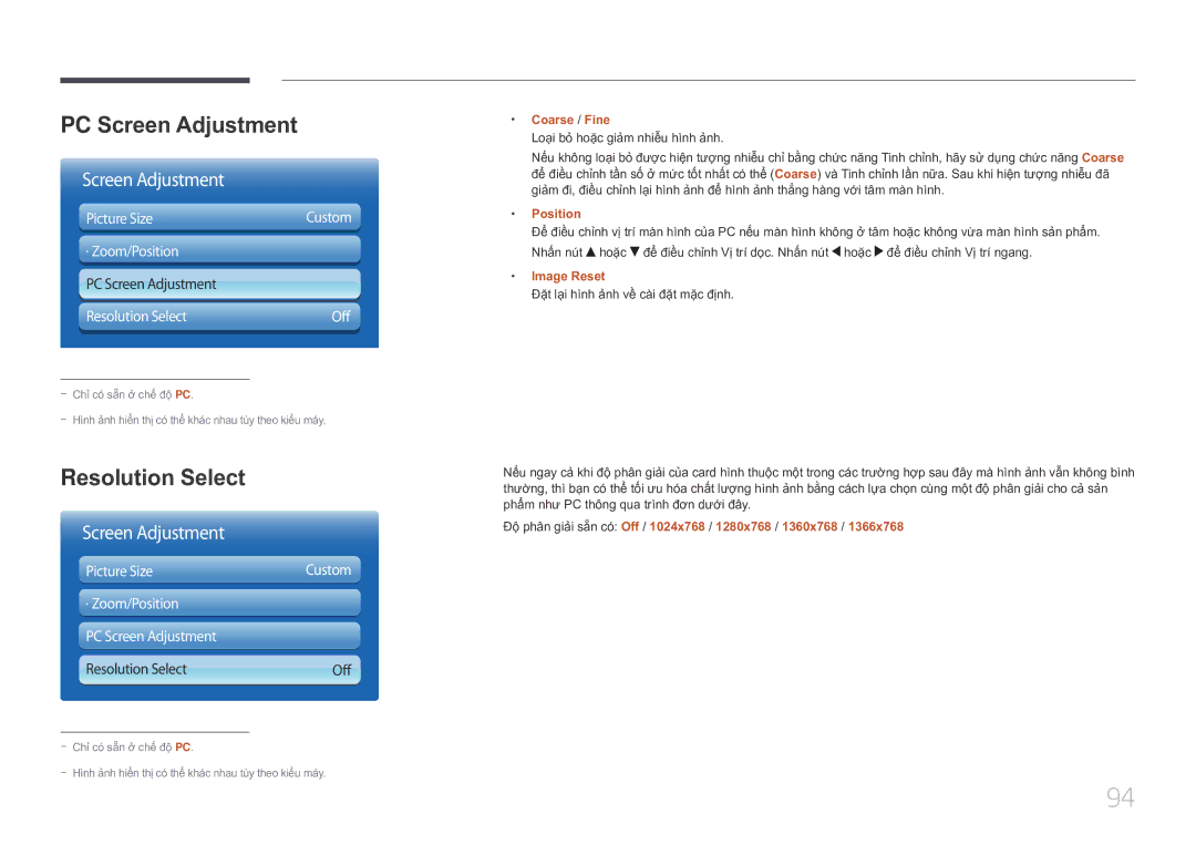 Samsung LH46UDCPLBB/XY, LH55UDCPLBB/XY manual PC Screen Adjustment, Resolution Select 