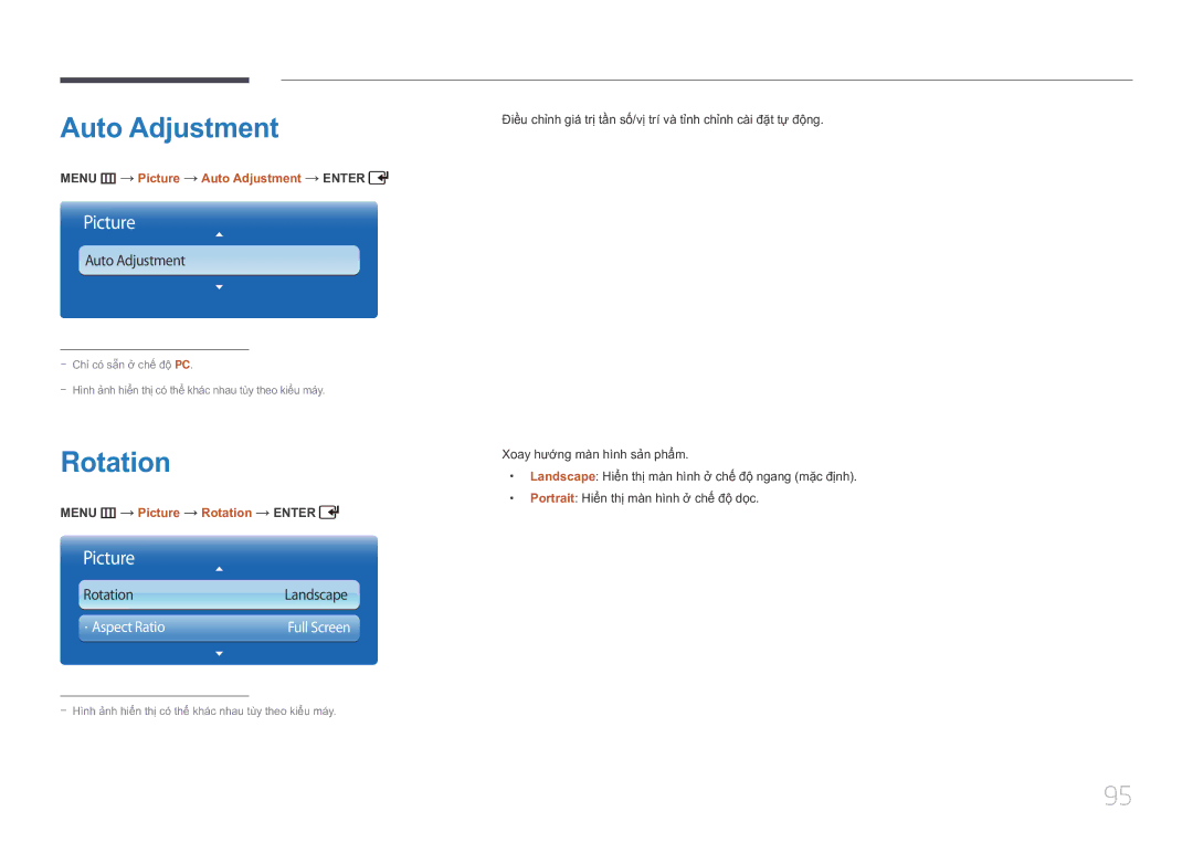 Samsung LH55UDCPLBB/XY, LH46UDCPLBB/XY manual Menu m Picture Auto Adjustment Enter, Menu m Picture Rotation Enter 