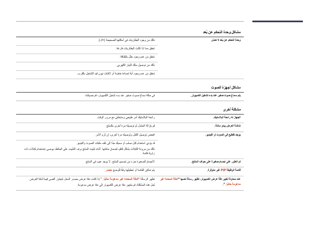 Samsung LH46UDDPUBB/UE, LH46UDDPUBB/EN manual دعبُ نع مكحتلا ةدحو لكاشم, توصلا ةزهجأ لكاشم, ىرخأ ةلكشم, ايلاحً ةموعدم 