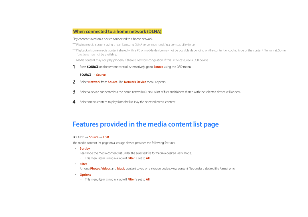 Samsung LH46UDDPUBB/XY manual Features provided in the media content list, When connected to a home network Dlna, Filter 