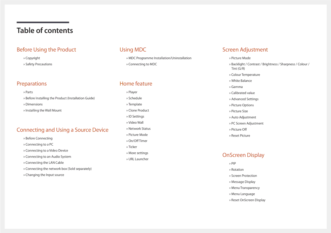 Samsung LH46UDDPUBB/HD, LH46UDDPUBB/EN, LH46UDDPUBB/UE, LH46UDDPUBB/NG, LH46UDDPUBB/XY manual Table of contents 