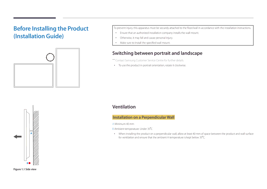 Samsung LH46UDDPUBB/EN manual Switching between portrait and landscape, Ventilation, Installation on a Perpendicular Wall 