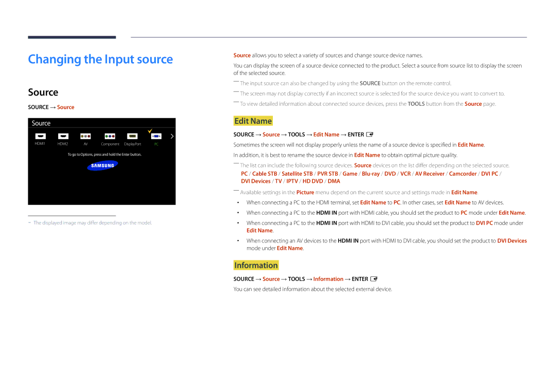 Samsung LH46UDDPUBB/HD, LH46UDDPUBB/EN, LH46UDDPUBB/UE manual Changing the Input source, Source, Edit Name, Information 