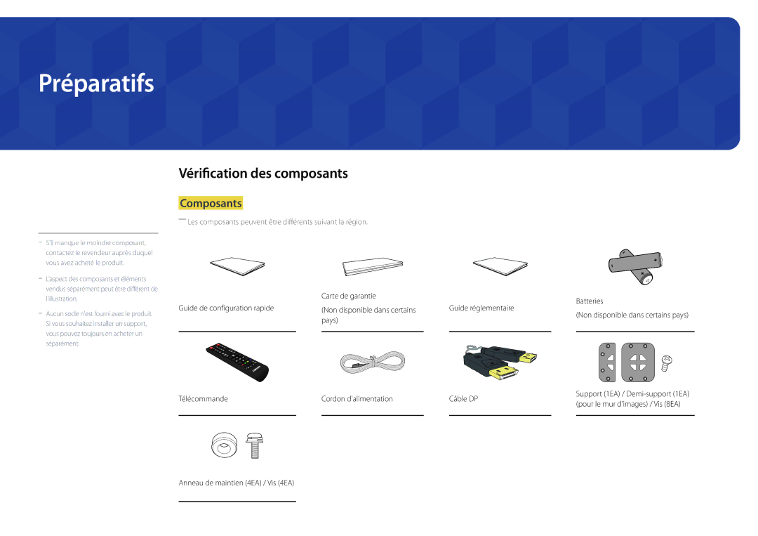 Samsung LH46UDDPUBB/EN manual Préparatifs, Vérification des composants, Composants 