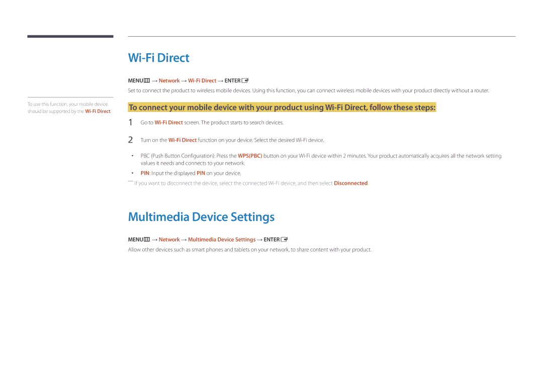 Samsung LH46UDDPUBB/EN manual Multimedia Device Settings, MENUm → Network → Wi-Fi Direct → Entere 