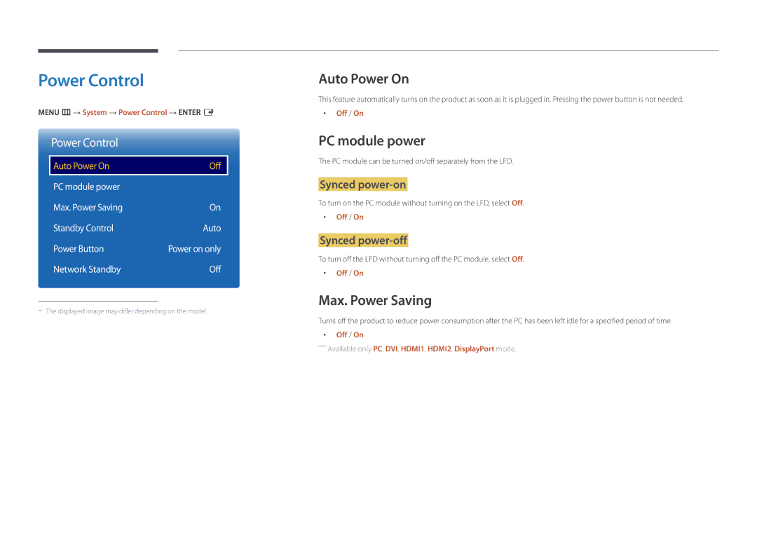 Samsung LH46UDDPUBB/EN manual Power Control, Auto Power On, PC module power, Max. Power Saving 